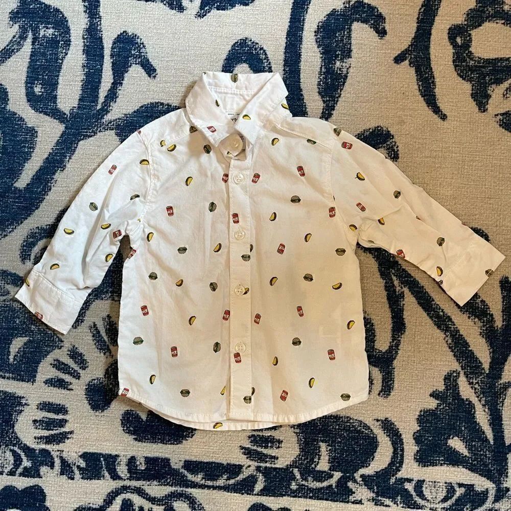 Carters Button Down Collard Shirt BBQ Themed Cola Taco Hamburger 6 months